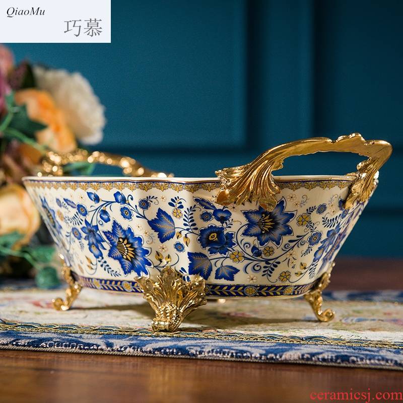 Qiao mu American fruit bowl sitting room creative ceramic Mosaic metal compote household enamel gold fruit basin of continental