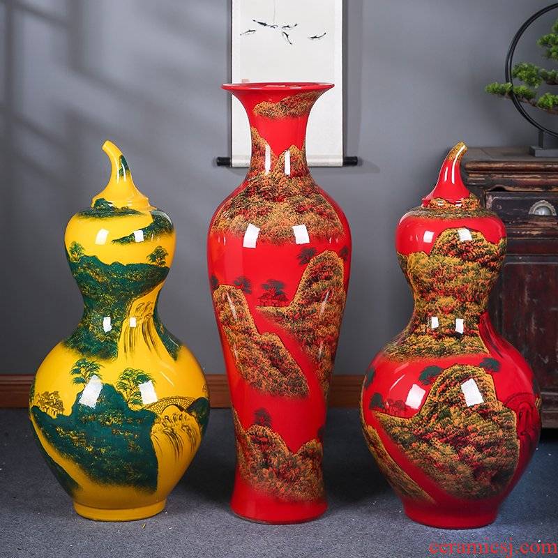 Jingdezhen ceramics China red hand - made scenery gourd of large vases, decorative furnishing articles sitting room hotel lobby