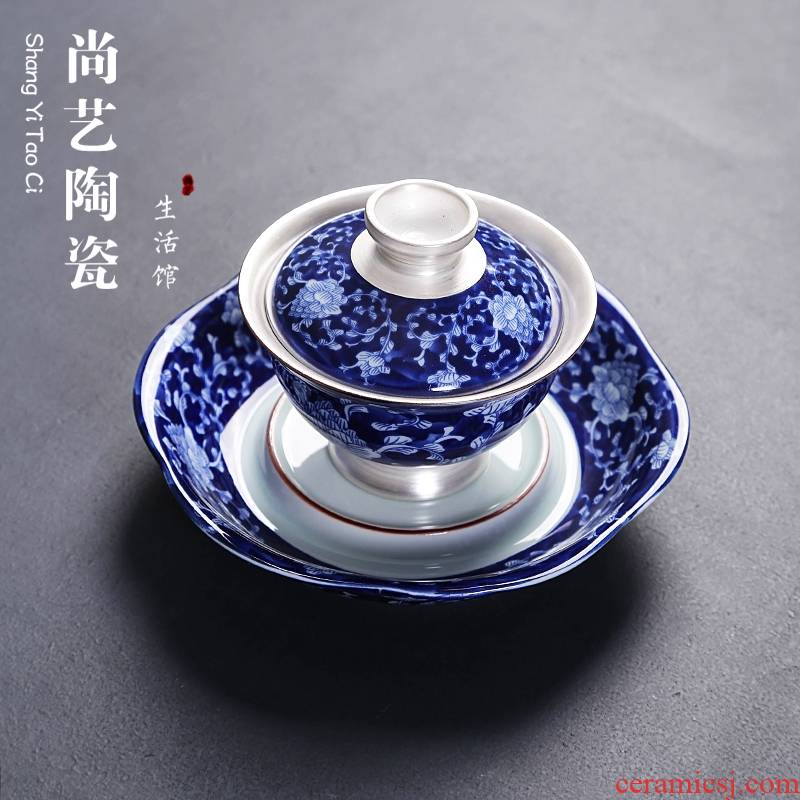 Three to 999 sterling silver, blue and white porcelain ceramic coppering. As silver tureen large bowl of kung fu tea tea bowl to bowl the teapot