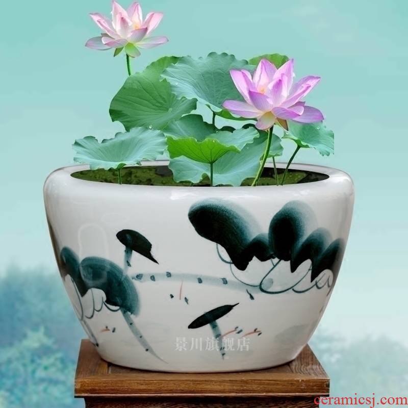 Hand - made goldfish bowl of blue and white porcelain of jingdezhen ceramics tortoise cylinder lotus basin water lily courtyard sitting room adornment is placed