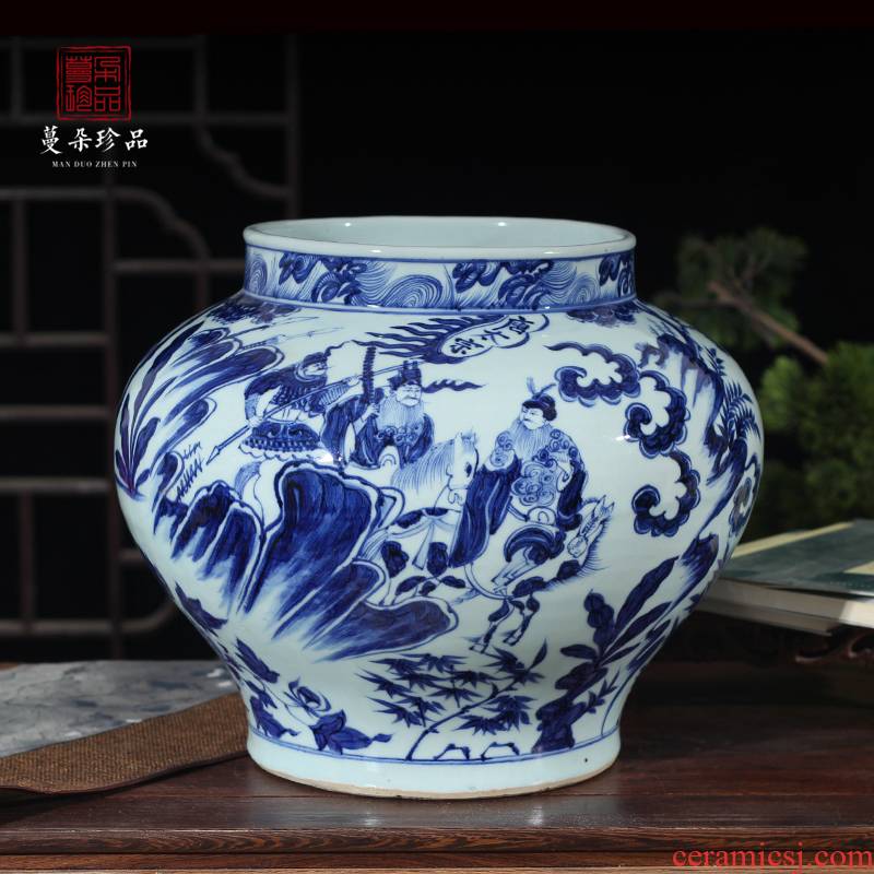 Jingdezhen imitation blue - and - white yuan blue and white big pot of yuan blue and white emperor taizong WeiChi ready and protect the main porcelain jar of antique porcelain
