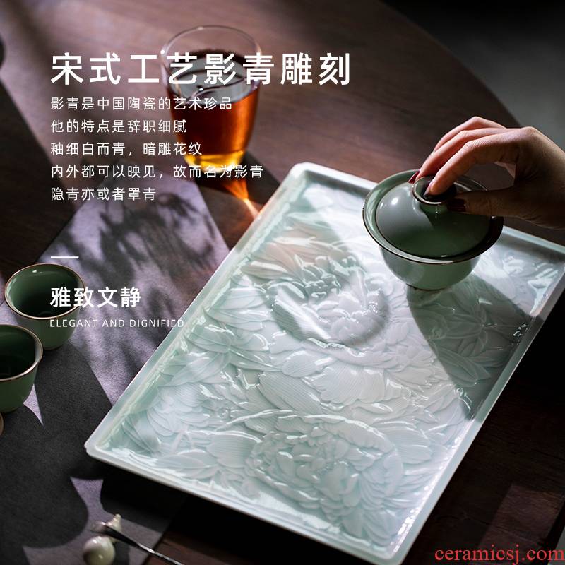 Jingdezhen ceramic film blue glaze hand - carved peony tea tray household cup tea accessories a single ground by hand