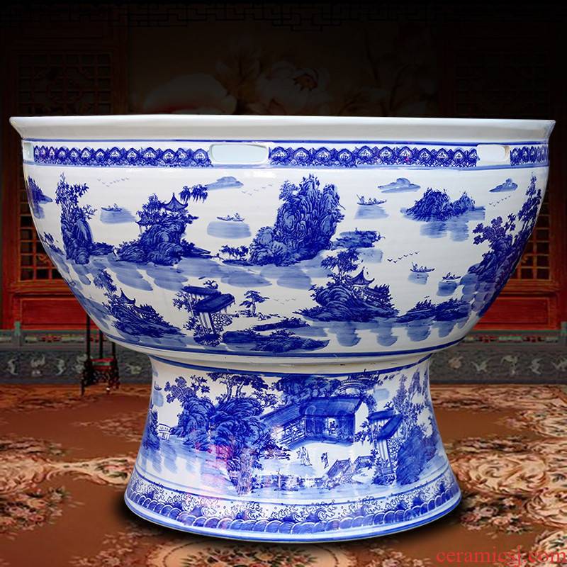 Blue and white porcelain of jingdezhen ceramics porcelain landscape painting with a foot basin tortoise cylinder aquarium fish tank water lily