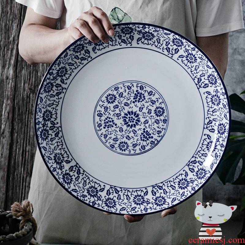 Degree of rocky, blue and white big plate of household head special dish steamed fish large round steamed fish dish ceramic disk