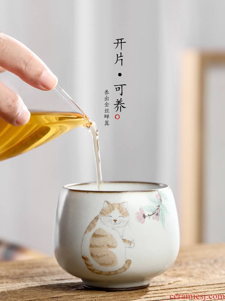 Ru up market metrix who cup single cup pure manual kung fu tea cups of jingdezhen ceramic tea set hand - made the cat sample tea cup in use