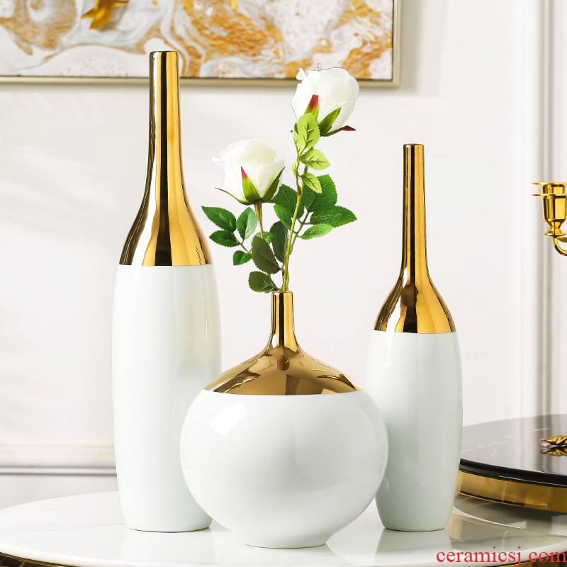 I and contracted light key-2 luxury furnishing articles of Chinese style household light white gold plated edge ceramic vase key-2 luxury living room dry flower decoration