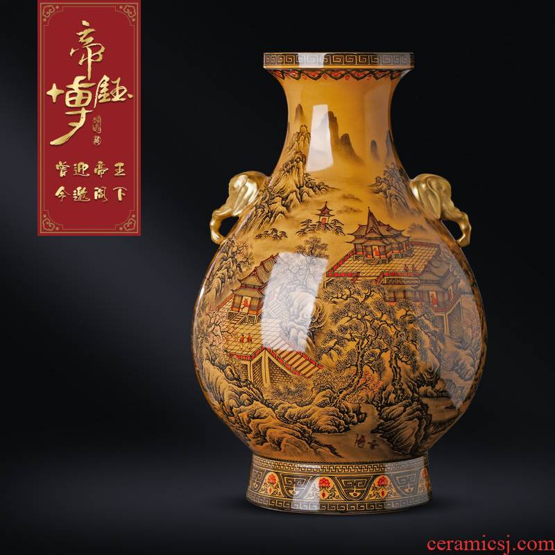 Antique hand - made yellow glaze color ink pavilions of jingdezhen ceramics grain elephant statute of the sitting room porch Chinese vase furnishing articles