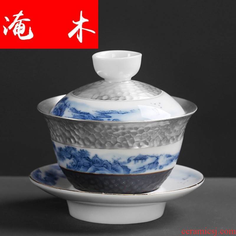 Submerged wood hand - made tureen tea cups, only three cups Chinese worship of blue and white porcelain bowl tea tasted silver gilding three cups