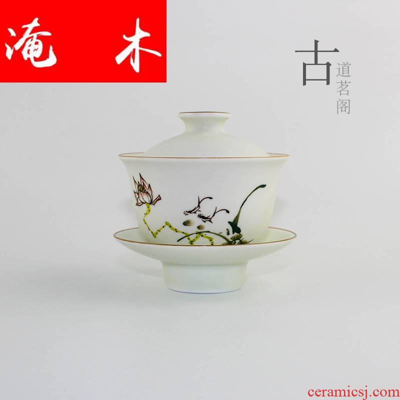 Flooded three tureen large jingdezhen only hand - made wooden frosted pastel lotus cover cup kung fu tea mercifully