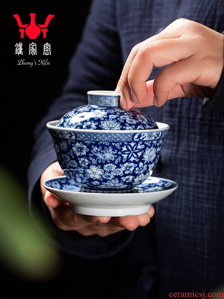 Clock home up tureen jingdezhen blue and white maintain full manual hand - made spend three to make tea tureen kunfu tea bowl