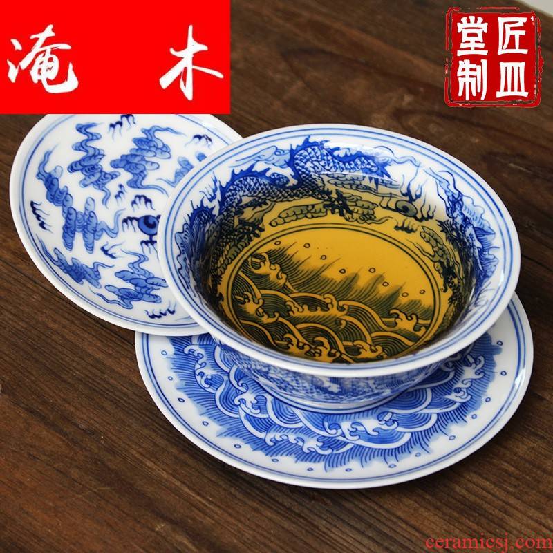 The Six surface wooden blue and white tureen hand - made dragon only three cups of tea bowl of jingdezhen ceramic checking large - sized archaize kung fu