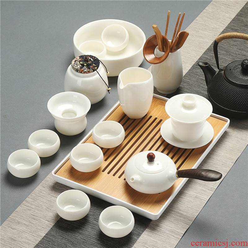 Dehua suet jade white porcelain kung fu tea set high - grade household contracted sitting room visitor GaiWanCha glass teapot