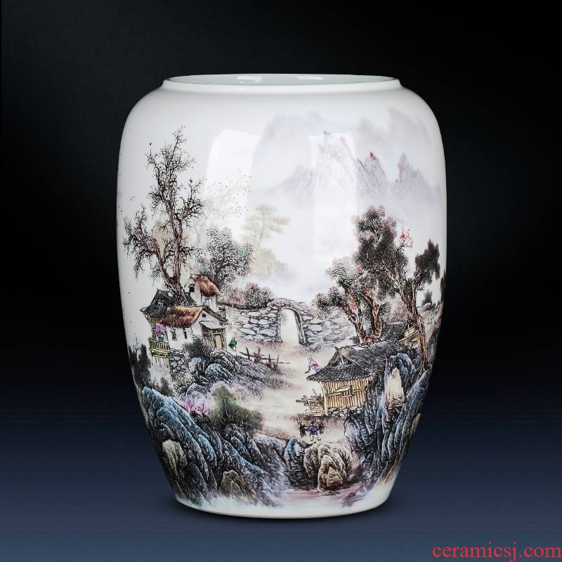 Large landscape of jingdezhen ceramics vase landed straight cylinder furnishing articles of Chinese style of calligraphy and painting home sitting room adornment