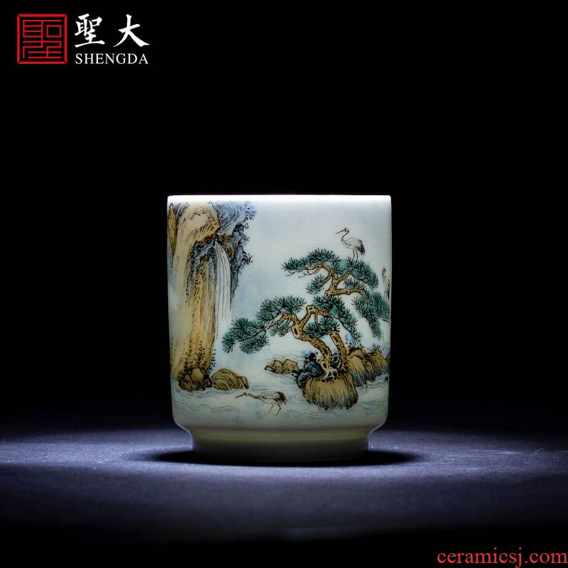 Holy big ceramic sample tea cup master cup hand - made pastel pine crane waterfall and personal cup jingdezhen tea cup by hand