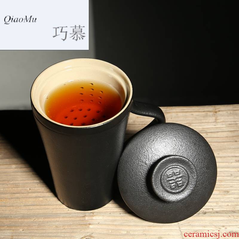 Qiao mu move black glaze porcelain office cup with cover tea filter household creative Japanese large capacity personal water bottle