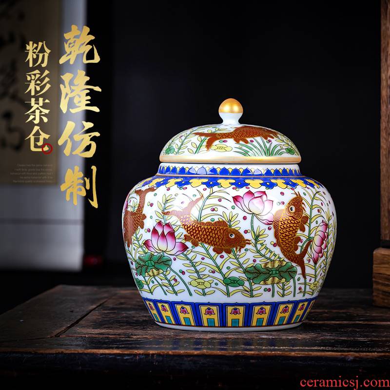 Archaize of jingdezhen ceramic powder enamel handpainted caddy fixings puer tea cake as cans household storage tank with cover sealed container