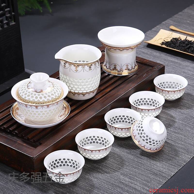 Blue and white porcelain tea set exquisite household honeycomb hollow out a whole set of ceramic kung fu tea teapot teacup tureen