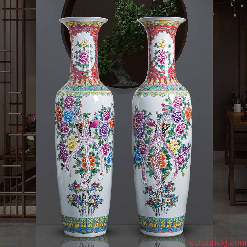 Jingdezhen porcelain ceramic large ground vase hand - made pastel peony phoenix home sitting room adornment is placed