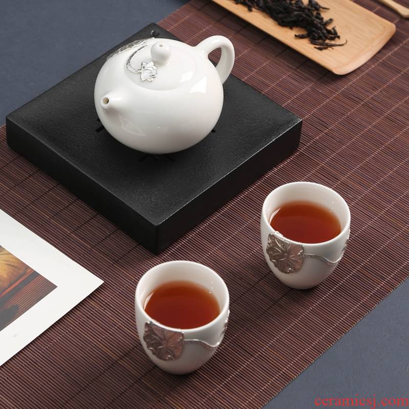 Dehua white porcelain with silver, a pot of two portable is suing jade porcelain ceramic crack cup travel tea set kung fu tea set