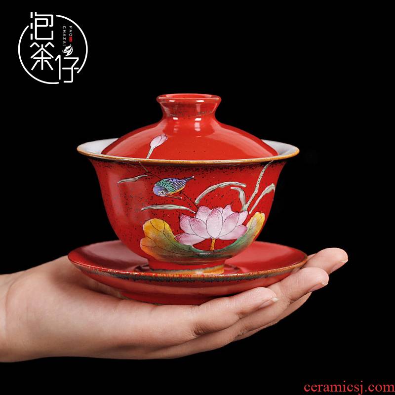 Jingdezhen ruby red from the pure manual tureen tea set three to use a single large hand - made ceramic tea cups