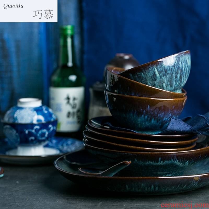 Qiao mu HD peacock pattern variable glaze series coarse pottery rice bowls flat dish plate of small spoon, chopsticks rack dessert dishes