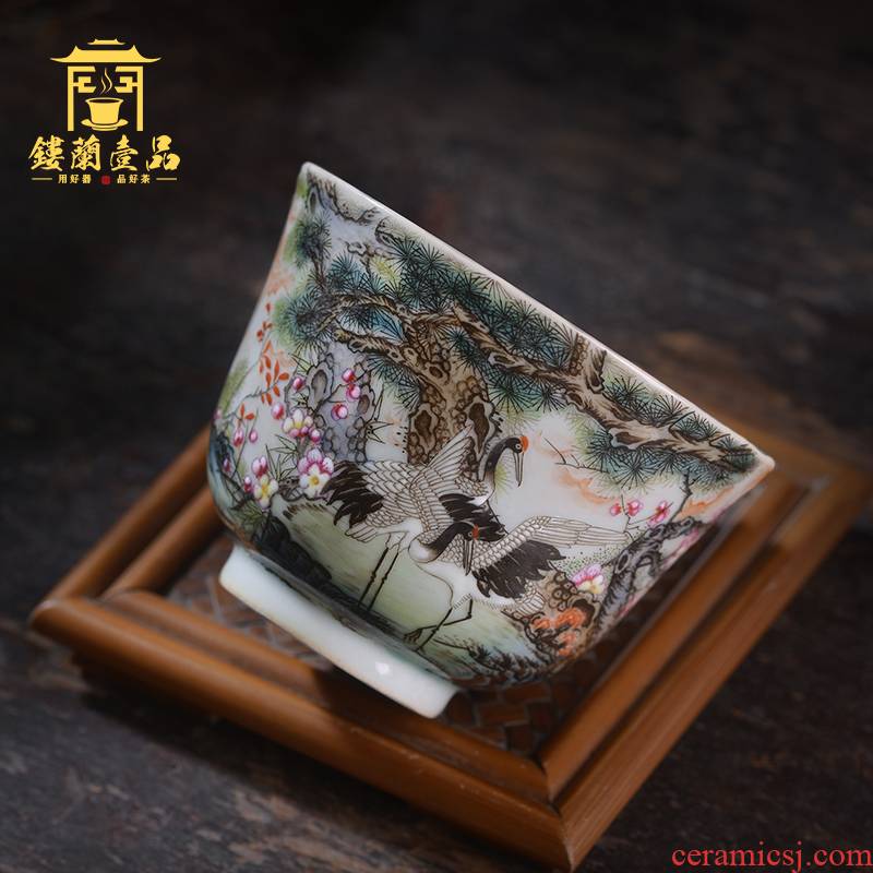 Jingdezhen ceramic all hand - made pastel pine crane live master cup large tea cup kunfu tea sample tea cup