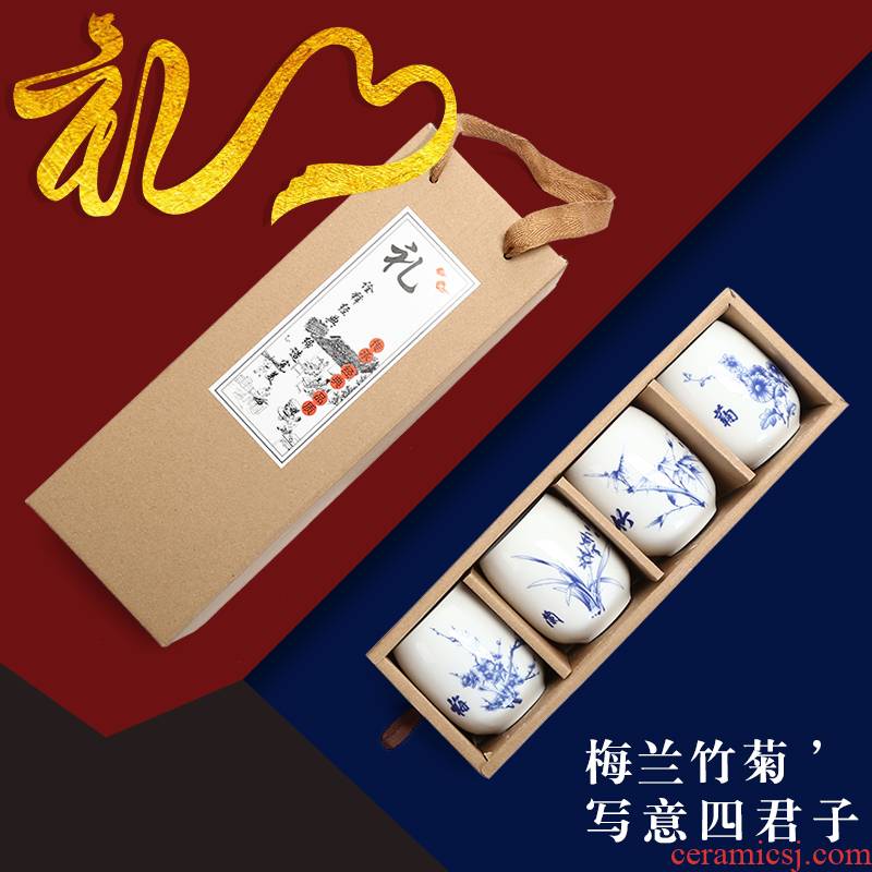 Ceramic cups gift box 4 a big glass master cup of jingdezhen blue and white porcelain cup Japanese home