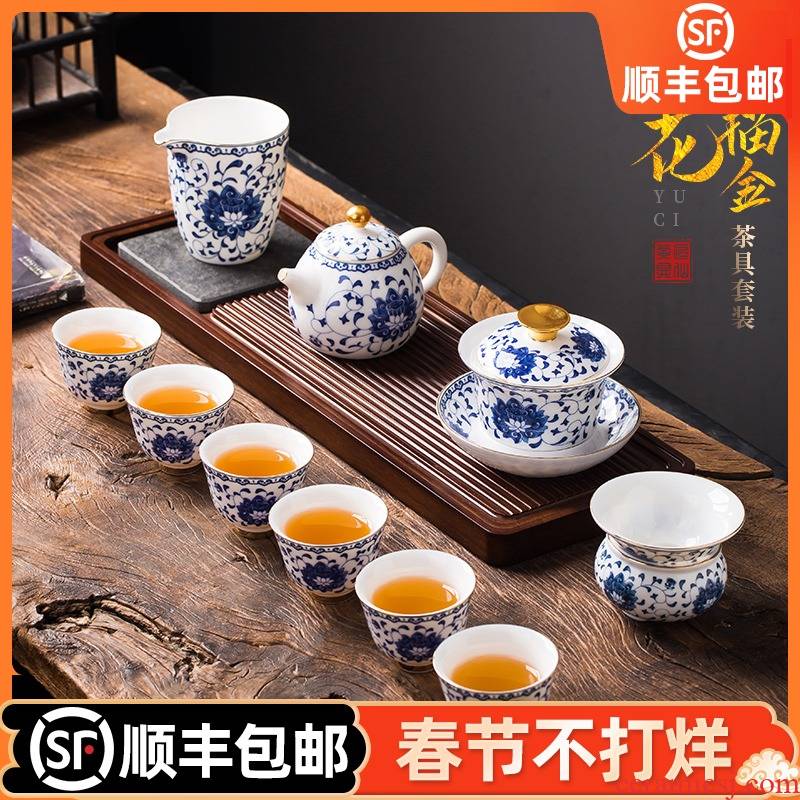 Artisan fairy blue and white porcelain tea set high - grade household ceramics kung fu tea set lid bowl of a complete set of gift boxes