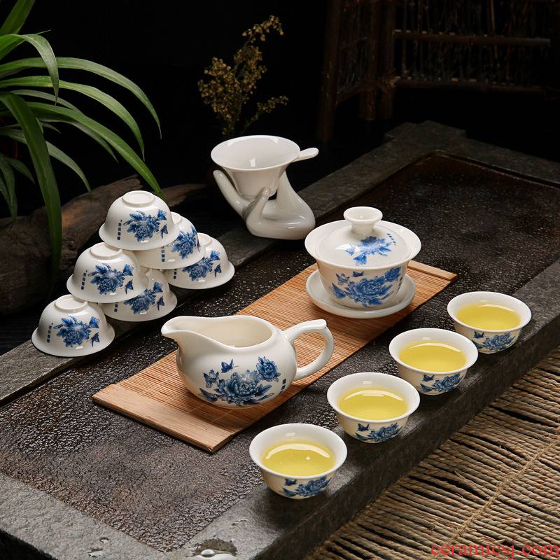 Hui shi tea sets suit kung fu tea set ceramic cups of a complete set of blue and white porcelain lid bowl of tea set