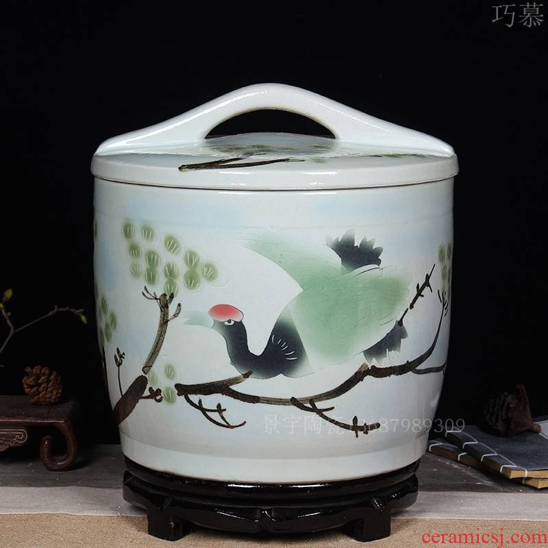 Qiao mu jingdezhen ceramic barrel 20 jins 30 jins with cover household seal storage tank cylinder moistureproof insect - resistant tea cake