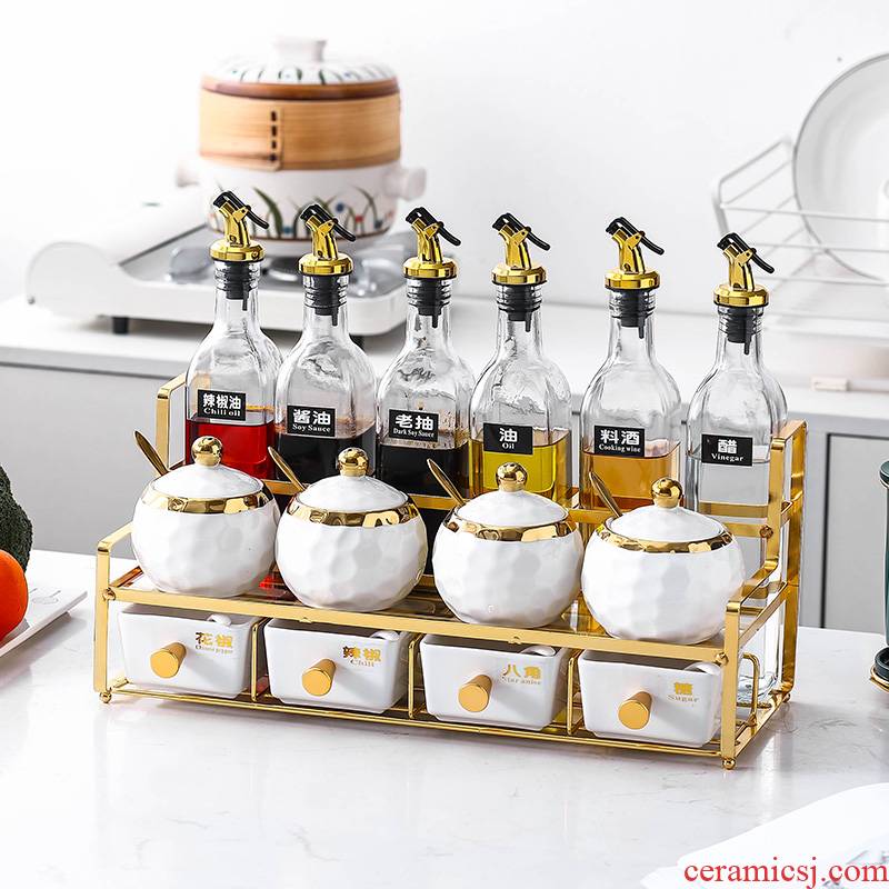 Sauce seasoning can suit the Nordic, wrought iron ceramic combination box household glass Sauce seasoning bottle kitchen shelf