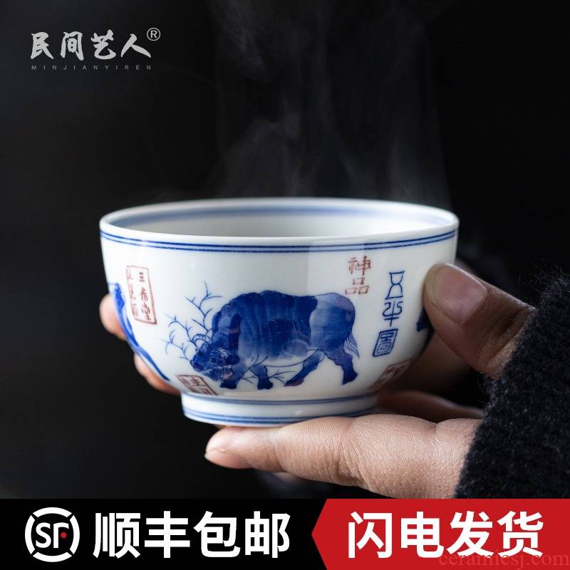 Five NiuTu masters cup manual hand - made ceramic kung fu tea set of blue and white porcelain cup single cups of jingdezhen sample tea cup