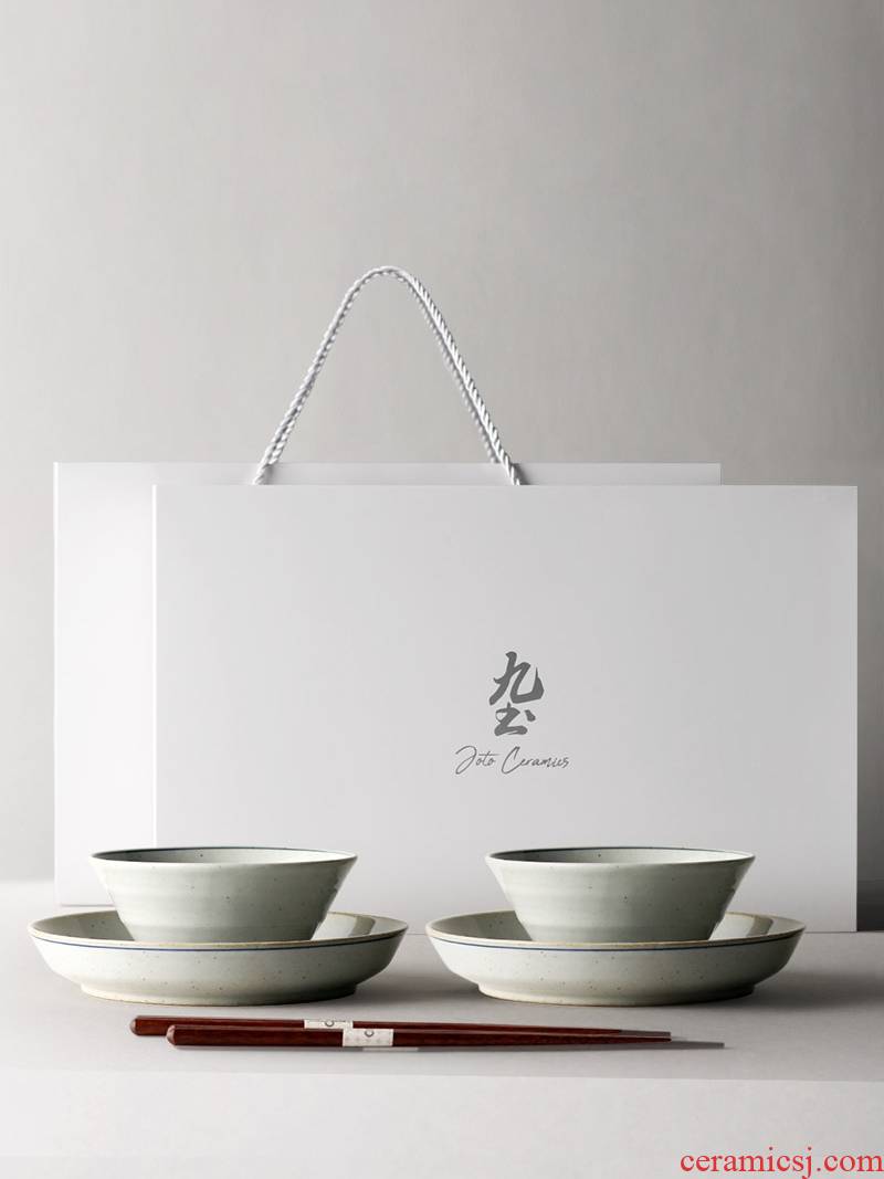 Nine, soil Japanese people eat coarse pottery food bowl chopsticks household tableware suit ceramic bowl dish gift boxes portable restoring ancient ways