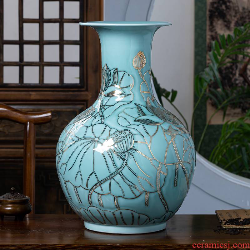 Jingdezhen porcelain ceramic green glair see colour design hand - made big vase furnishing articles of new Chinese style home sitting room adornment