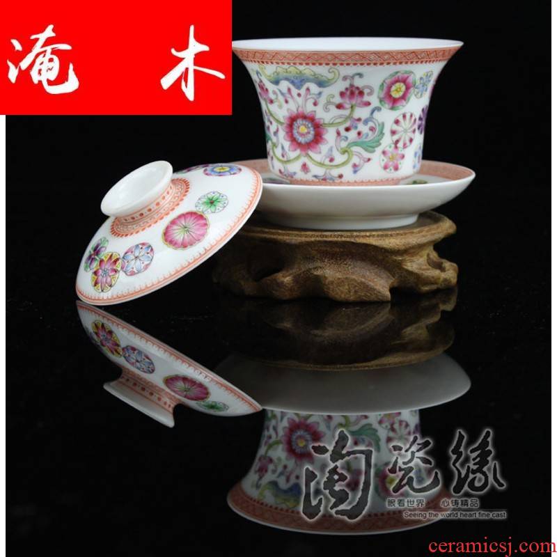 Flooded, rhyme jingdezhen porcelain tea set manually tureen only three cup bowl hand - made famille rose tea, tea CWJ