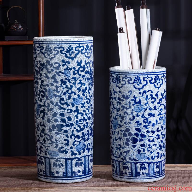 Jingdezhen ceramic hand - made archaize large blue and white porcelain vase painting and calligraphy scrolls cylinder word quiver sitting room floor furnishing articles