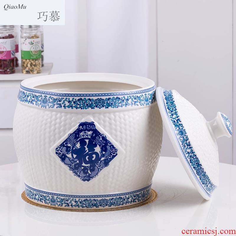 Qiao mu ceramic barrel with cover of jingdezhen ceramic ricer box with cover storage jar airtight household moistureproof insect - resistant reservoir