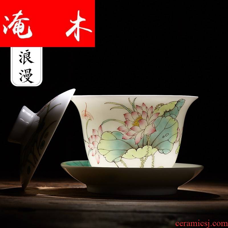 Flooded the wooden package mail tureen large jingdezhen ceramic tea cup tea tureen hand - made pastel lotus three only