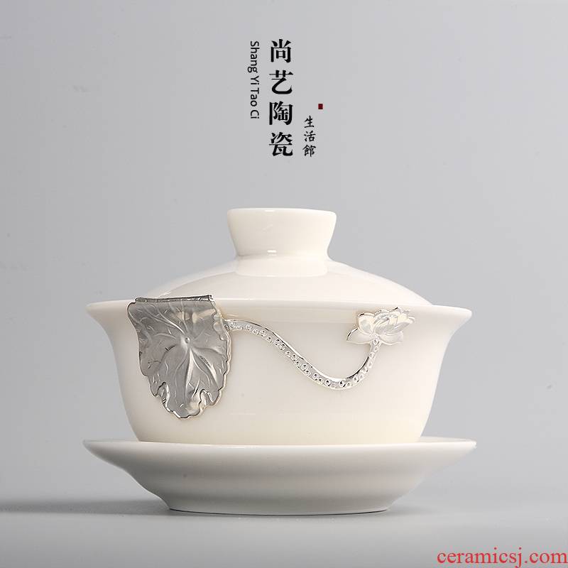 Jade craft checking silver inlaid kung fu tea set three to make tea tureen exchanger with the ceramics parts white porcelain tea large bowl
