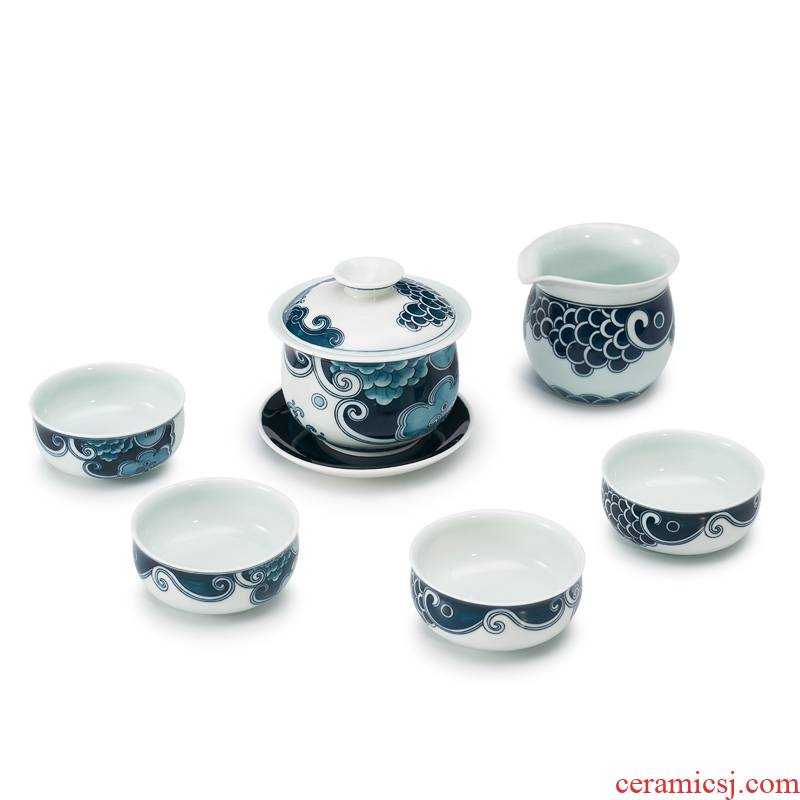 Qiao mu jingdezhen manual coloured drawing or pattern ceramic tea set creative household cup teapot kung fu suit of blue and white porcelain