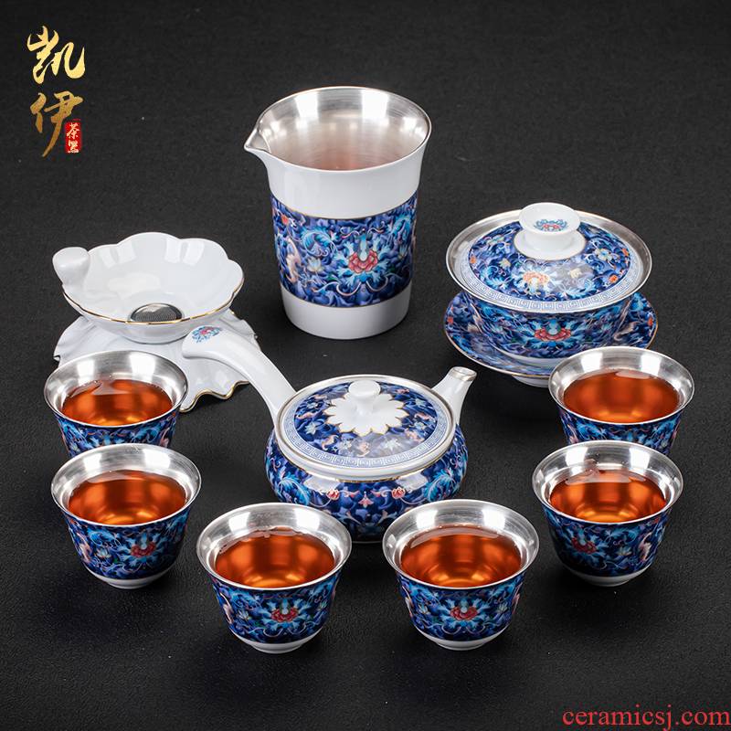 Silver enamel lotus up riches and honour flowers coppering. As kung fu tea sets tea pot lid bowl of jingdezhen ceramic tea set
