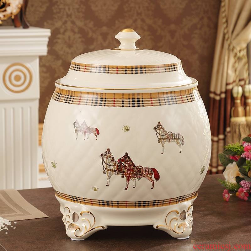 Qiao mu European ceramic barrel ricer box with a cover on storage bins moistureproof bug 10 jins 20 jins kitchen oil cylinder storage tank capacity