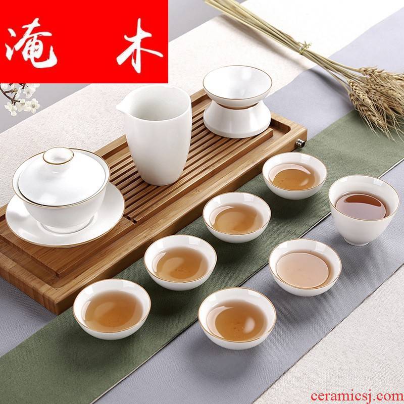 Submerged wood, ceramic up kung fu tea set high - grade grease white jade porcelain inferior smooth lid bowl of tea business gifts