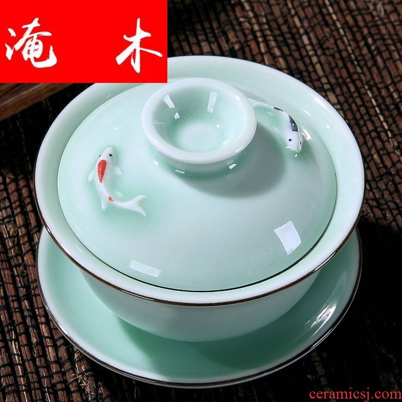 Submerged wood celadon relief hand only blue and white three color double ceramic kung fu tea tureen tea set