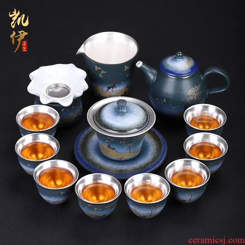 A deer peace coppering. As silver tea set jingdong ceramic kung fu tea set silver cup lid bowl of tea tea set