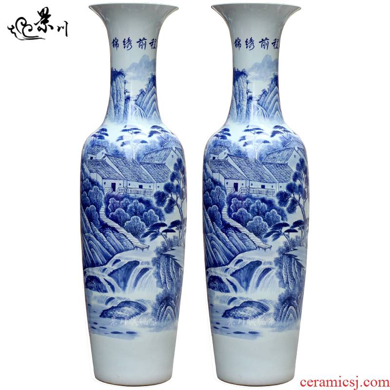 Jingdezhen ceramics hand - made of blue and white landscape bright future landing big vase decoration sitting room furnishing articles