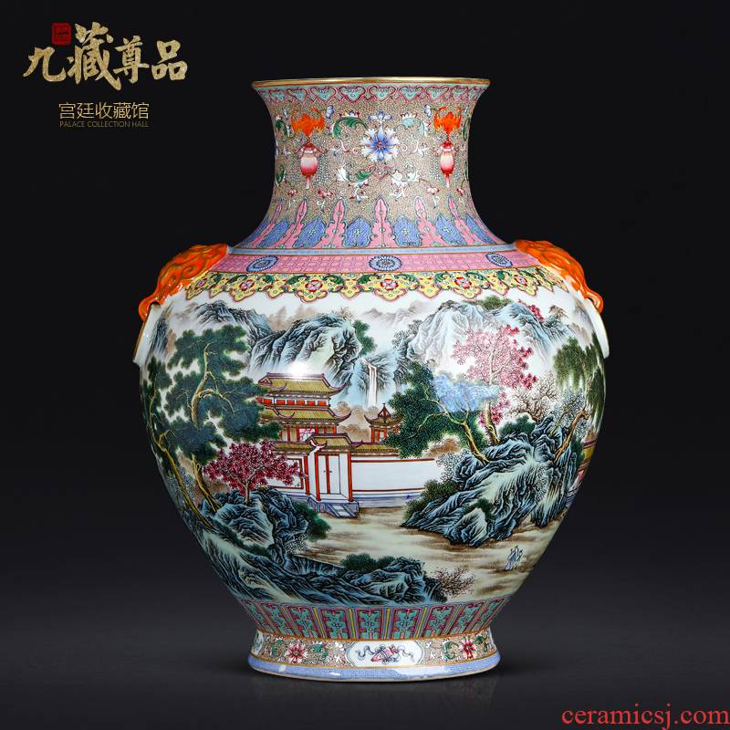 The Qing qianlong GuYueXuan pastel landscape lion ear vases, antique ancient porcelain of jingdezhen ceramic Chinese style living room furnishing articles