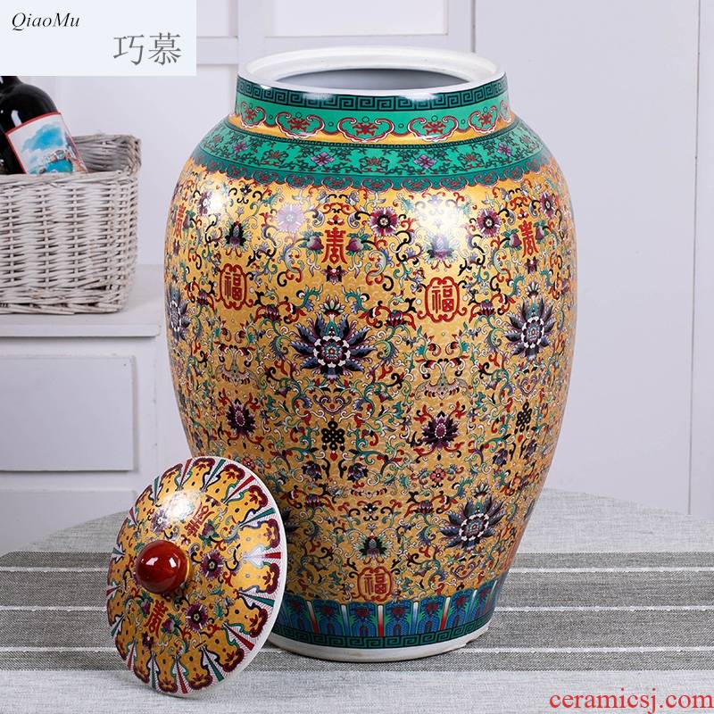 Qiao mu jingdezhen ceramic household with cover cylinder barrel surface large capacity moistureproof insect - resistant storage tank 20 jins 50 pounds