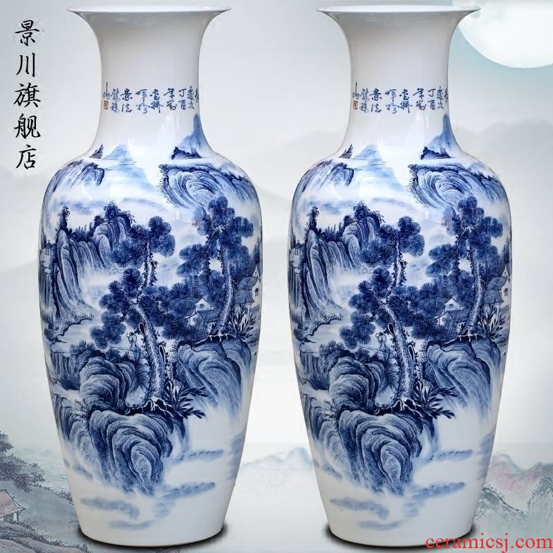 Blue and white landscape big vase jingdezhen ceramics hand - made sitting room adornment landing place hotel opening gifts