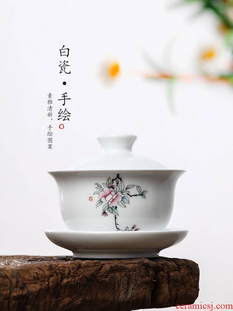 Pure manual three tureen tea cups only protect hot jingdezhen ceramic kung fu tea bowls hand - made flowers white porcelain tea set